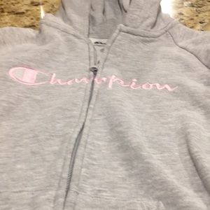 Champion Girls Gray Zip Front Hoodie Size Small Pink Letters Superb condition.